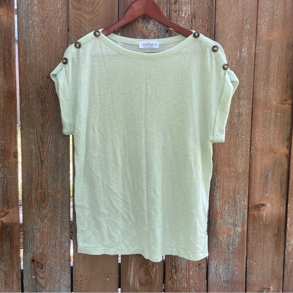 KAILEIGH Women’s Mercy Light Mint Green Crew Neck Cap Sleeve Buttons Size Small